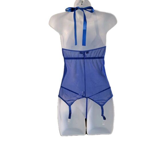 Y2k Escante Bustier Blue Mesh Corset G-String Stockings Set 3PC Coquette MED - Picture 2 of 9